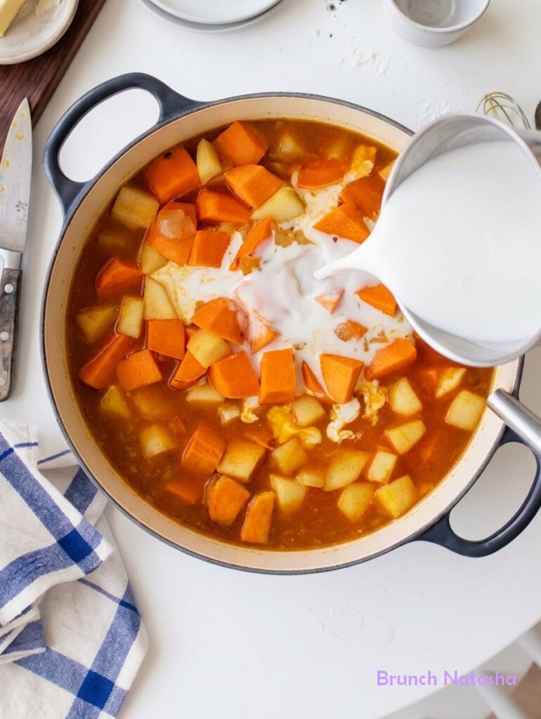 Add the Sweet Potatoes and Broth